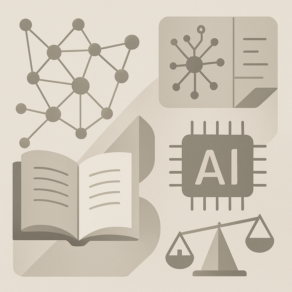 A high-quality, modern, and minimalist illustration representing the intersection of artificial intelligence and sociology: abstract geometric shapes symbolizing interconnected data networks and social structures, subtle gradients, clean lines, and neutral tones. Include elements that evoke learning and intellectually engaging content, such as open books, stylized neuron motifs, or schematic diagrams. No faces, text, or specific brands. Optimized for educational use, conveying positive and negative societal impacts of AI from a sociological perspective.