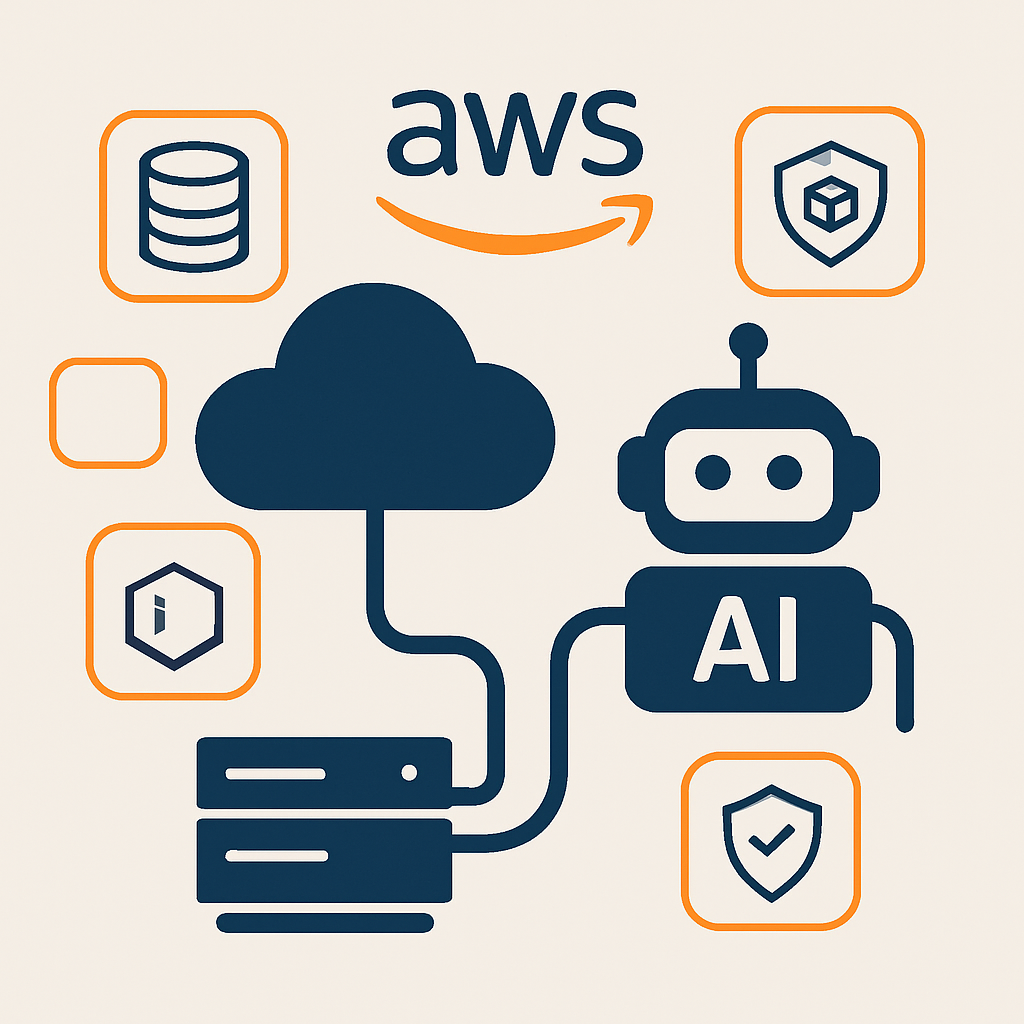클라우드 아이콘과 AI 챗봇이 서로 전선으로 직접 연결되어 데이터와 작업 명령이 오가는 모습을 견고하게 표현한 일러스트. AWS 로고·테마 컬러 활용, MCP 서버·다양한 AWS 서비스 아이콘이 대화형 팝업으로 떠오르는 구성을 함께 배치