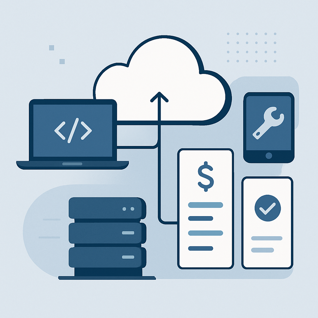 A modern and minimalist illustration showing cloud computing infrastructure and digital devices, symbolizing AWS Kiro&#39;s IDE and price plans for 2025. Include abstract representations of pricing tiers, free and paid benefits, and developer tools through sleek icons and geometric shapes. The overall style should be clean, professional, and suitable for a technology blog, with no text included. Use cool tones such as blues and greys for a trustworthy, up-to-date look, and make sure the design is high-quality and visually appealing for web content.