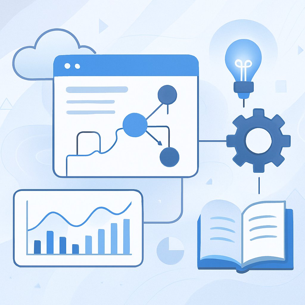 A high-quality, modern and minimalistic educational illustration visualizing essential features and characteristics of an innovative software platform. The image should show sleek, interconnected digital interface elements, data flow charts, icons symbolizing automation, integration, cloud technology, and learning tools. Use a clean color palette with blues, grays, and whites, with soft gradients, abstract lines, and geometric shapes to represent knowledge and learning. The composition should feel professional and organized, suitable for educational content, with no text, branding, or human faces.