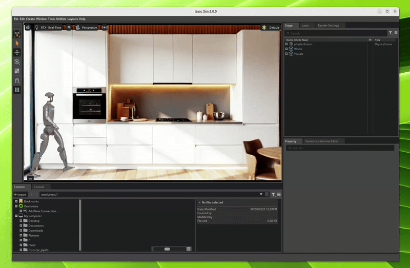 ProtoMotions3와 Cosmos WFM으로 훈련된 휴머노이드 정책, Isaac Sim을 활용한 3D 배경 생성
